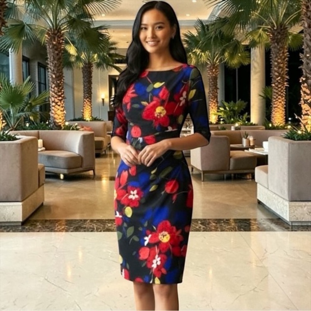 Lauren Ralph Lauren Navy Floral Ruched Sheath Dress Size Small Elegant Classic